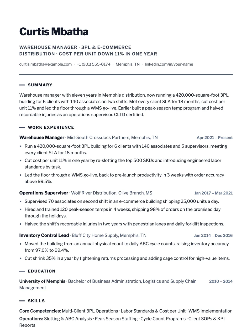 Warehouse Manager sample resume in the Summit template