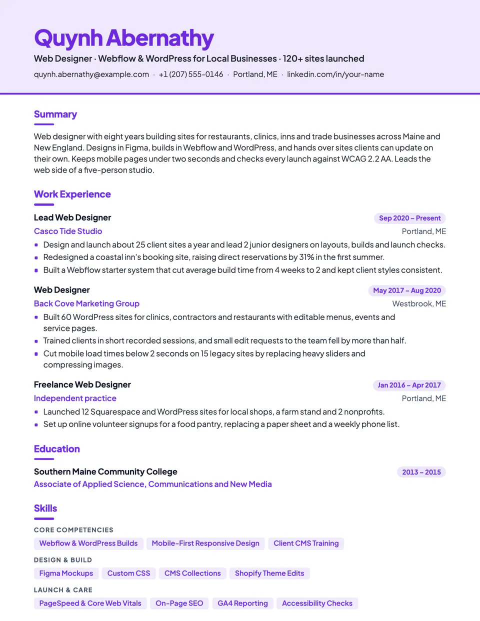 Web Designer sample resume in the Canopy template
