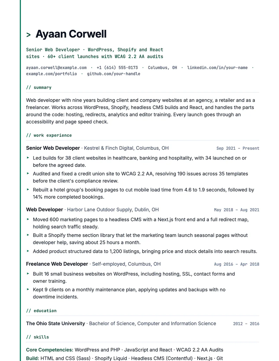 Web Developer sample resume in the Matrix template