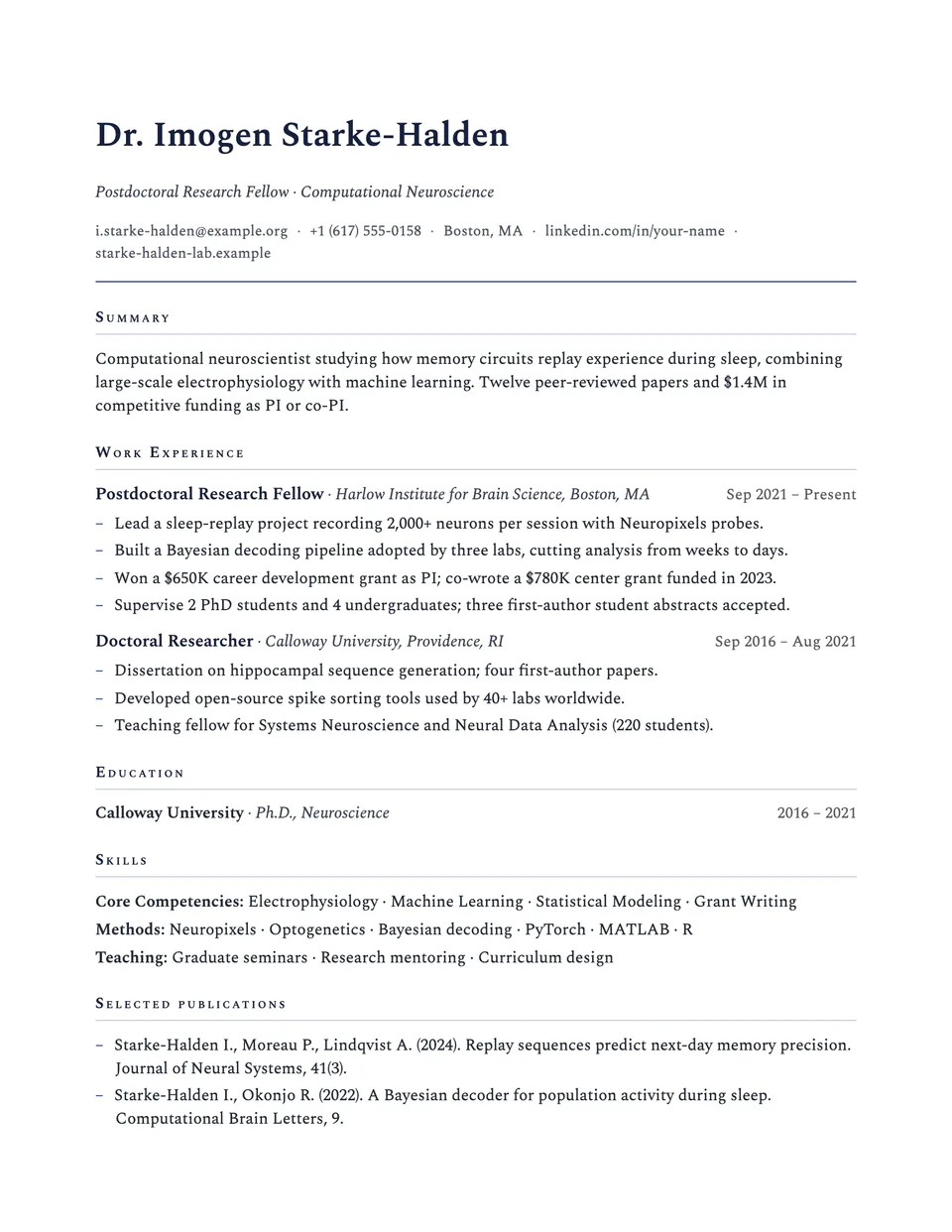 Academic resume template, first page