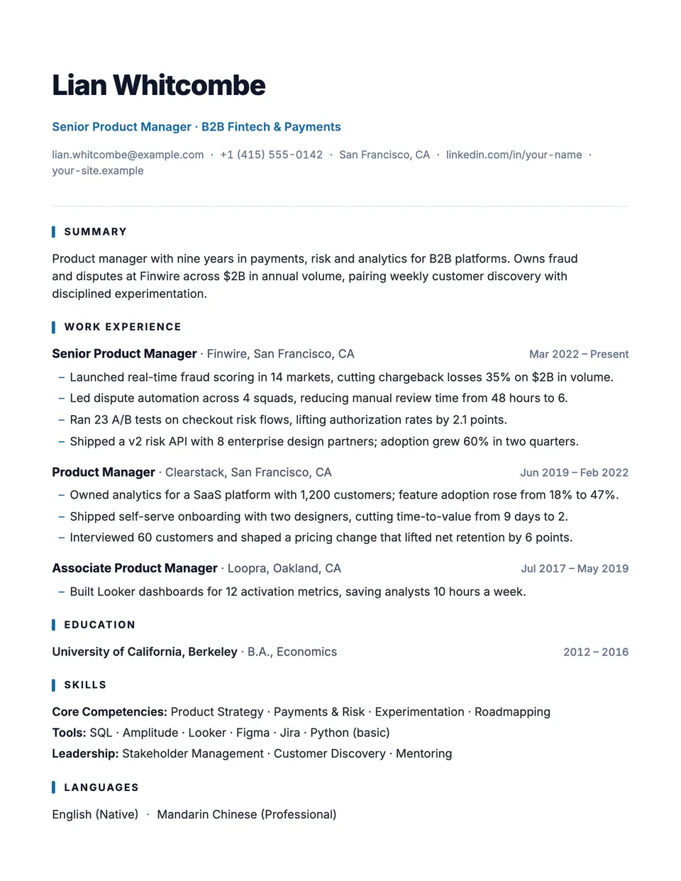 Atlas resume template, first page
