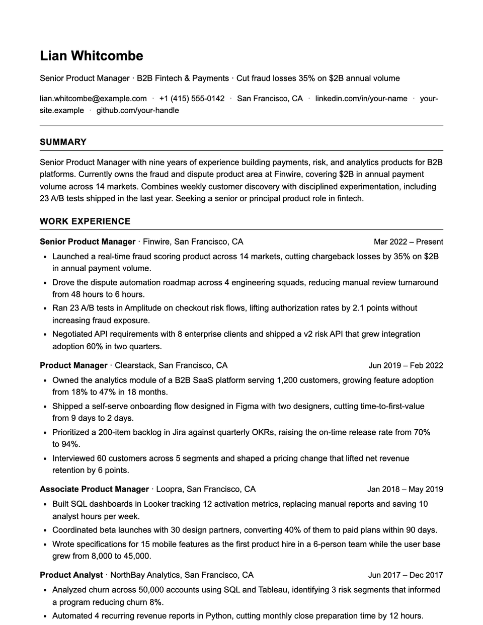 ATS Plain resume template, first page