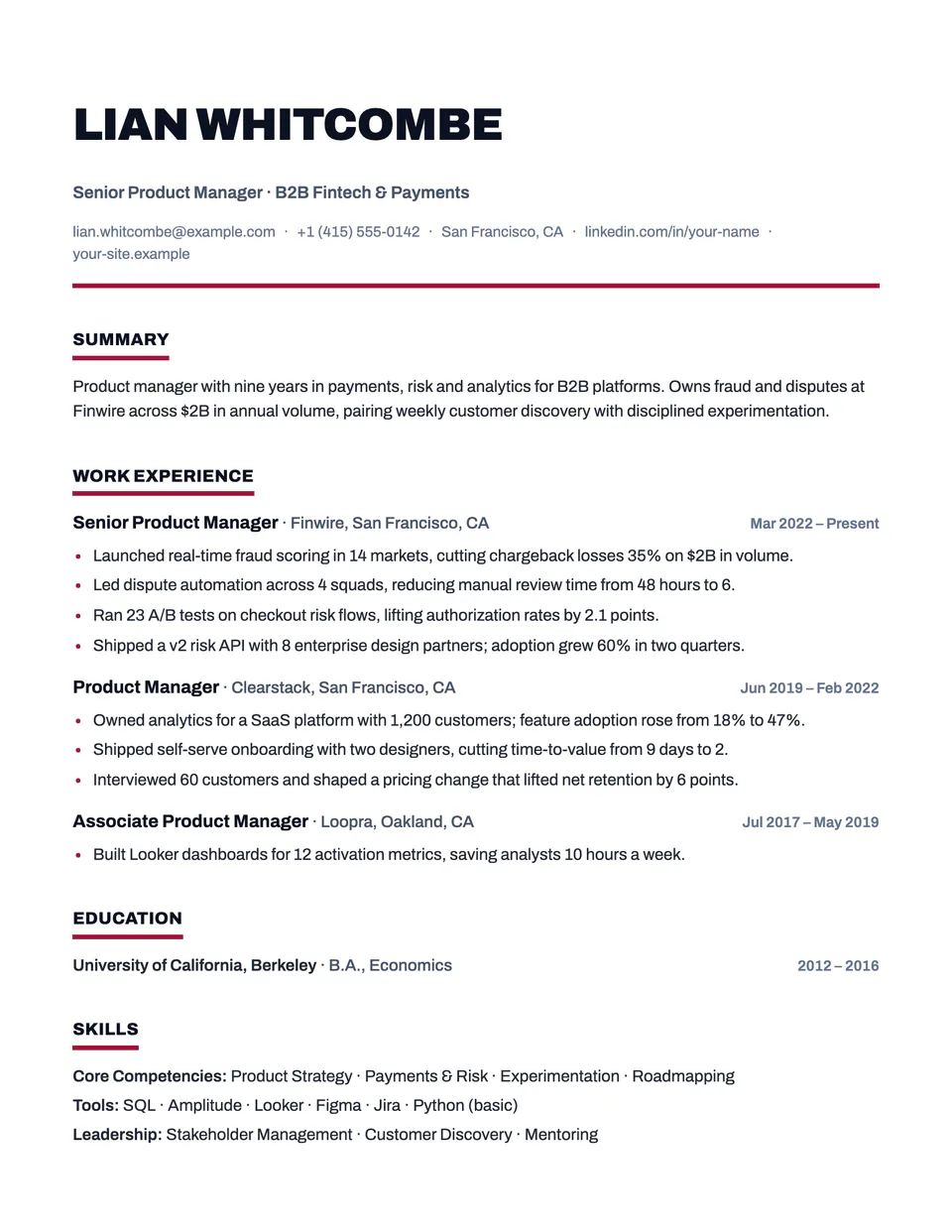 Bold resume template, first page