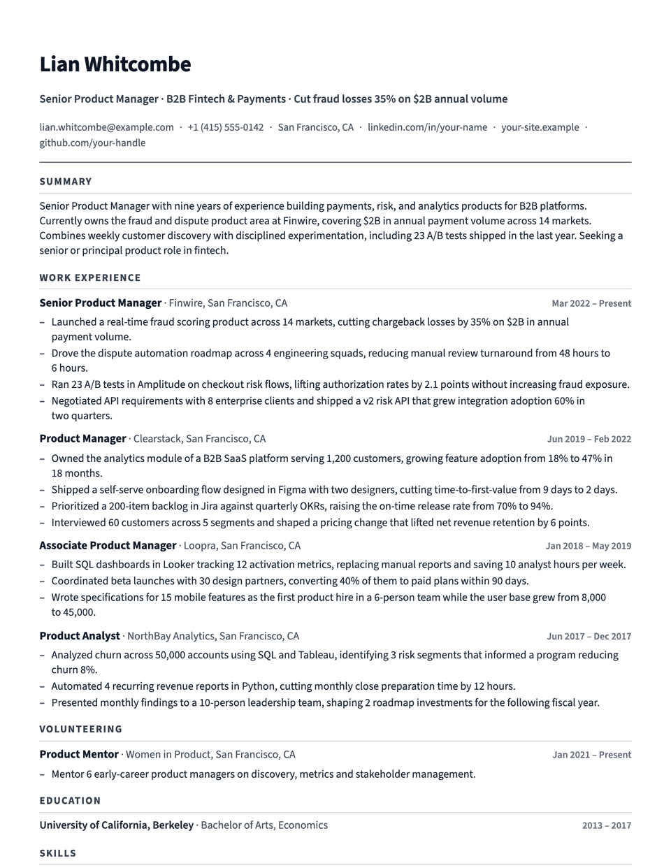 Brief resume template, first page