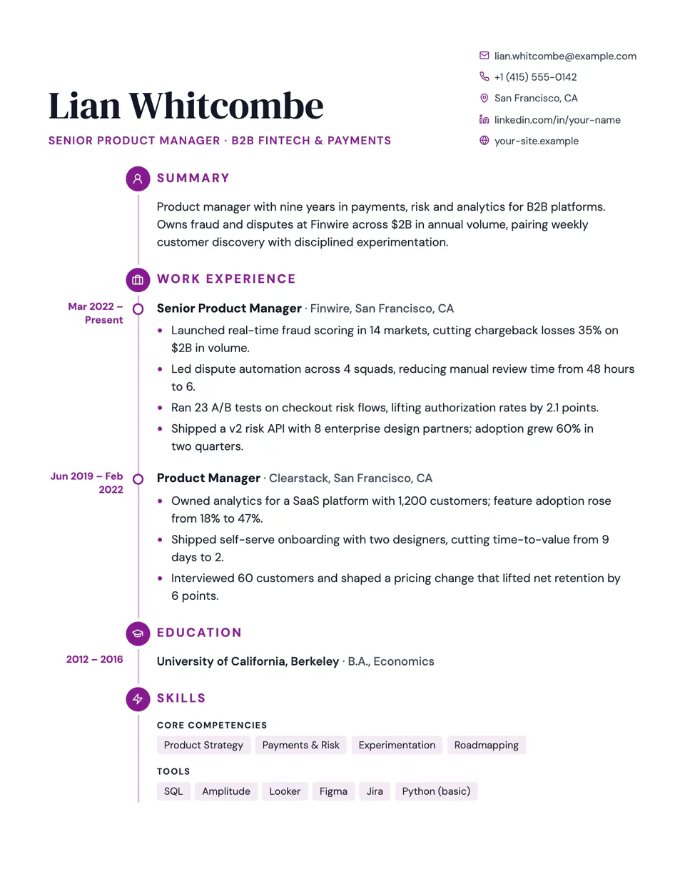 Chronicle resume template, first page