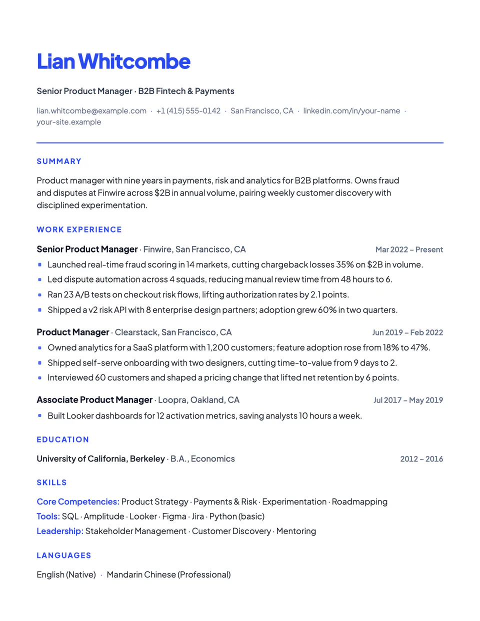 Cobalt resume template, first page
