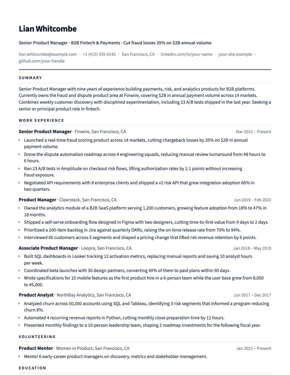 Compact resume template, first page