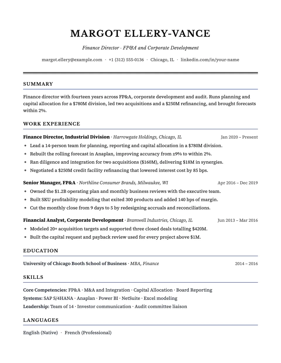 Corporate resume template, first page