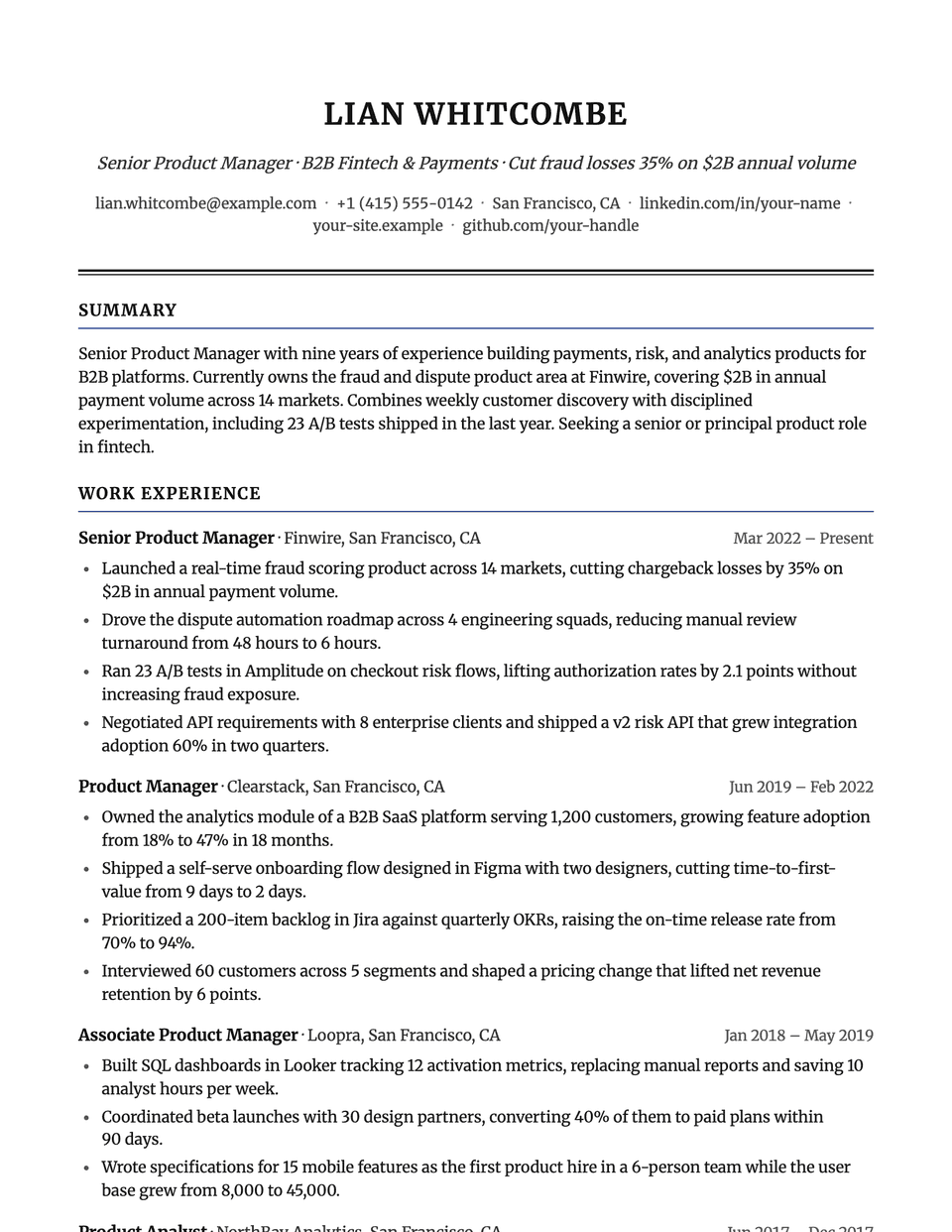Corporate resume template, first page