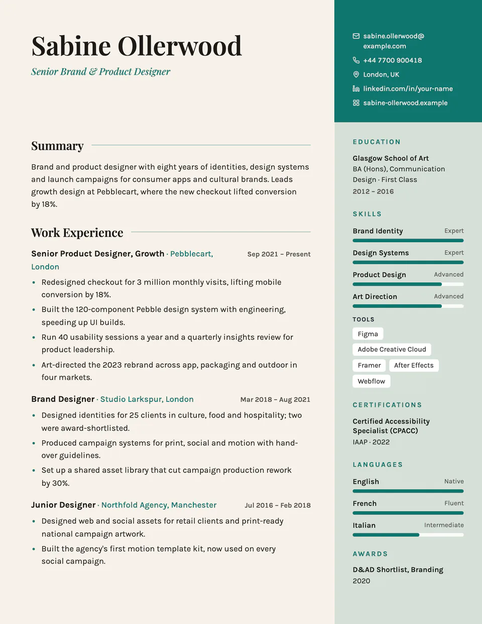 Duet resume template, first page