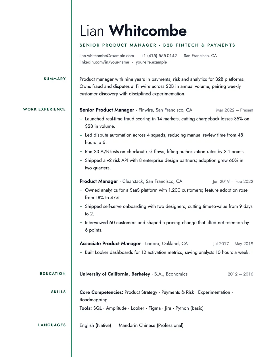 Keyline resume template, first page