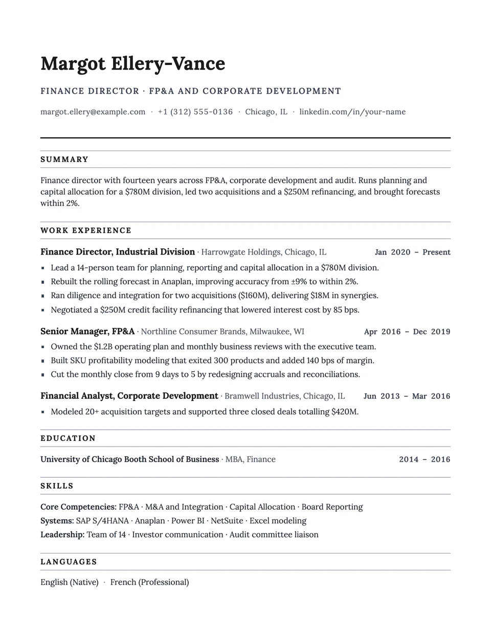Ledger resume template, first page