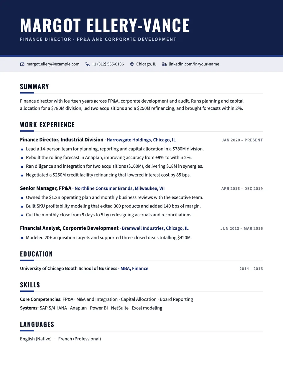 Marquee resume template, first page