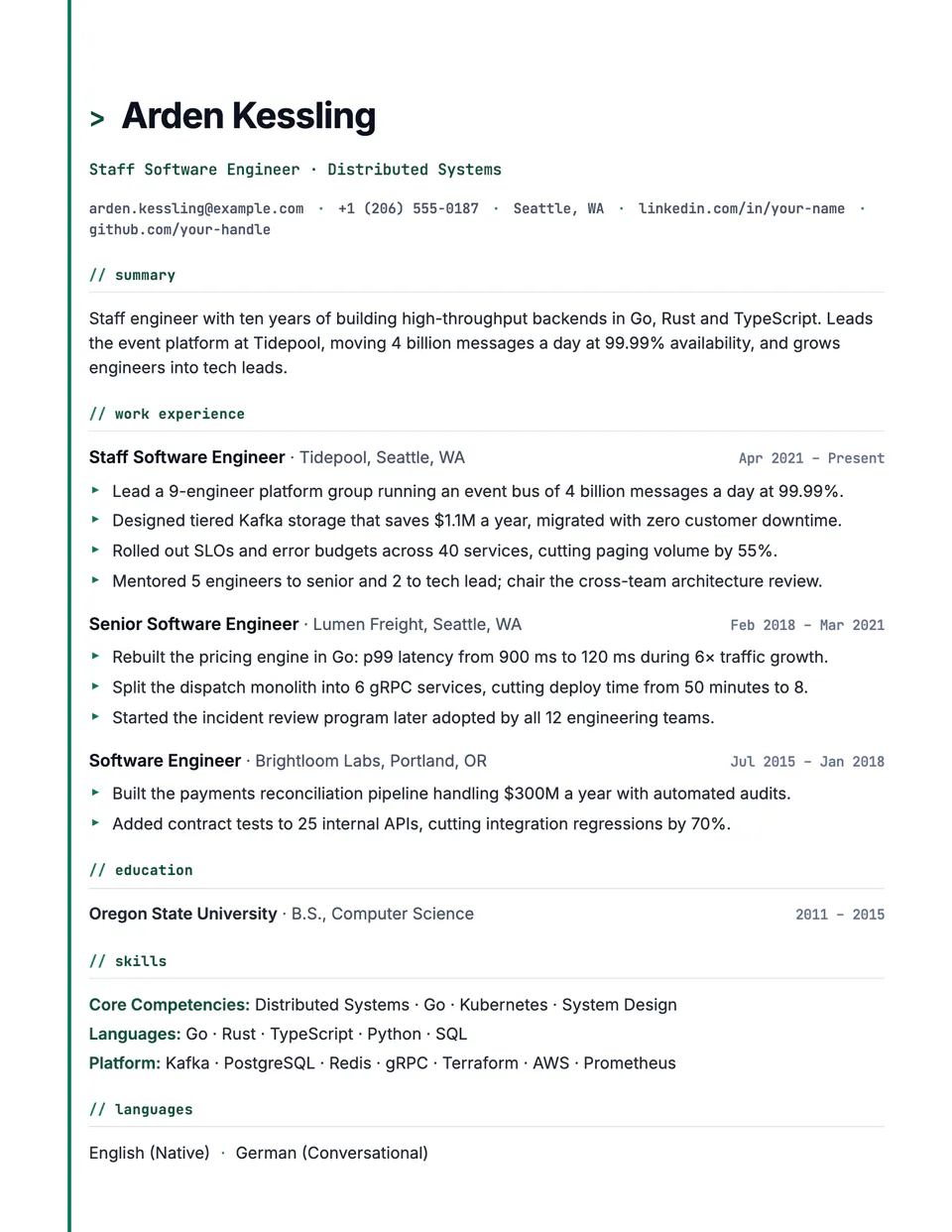 Matrix resume template, first page