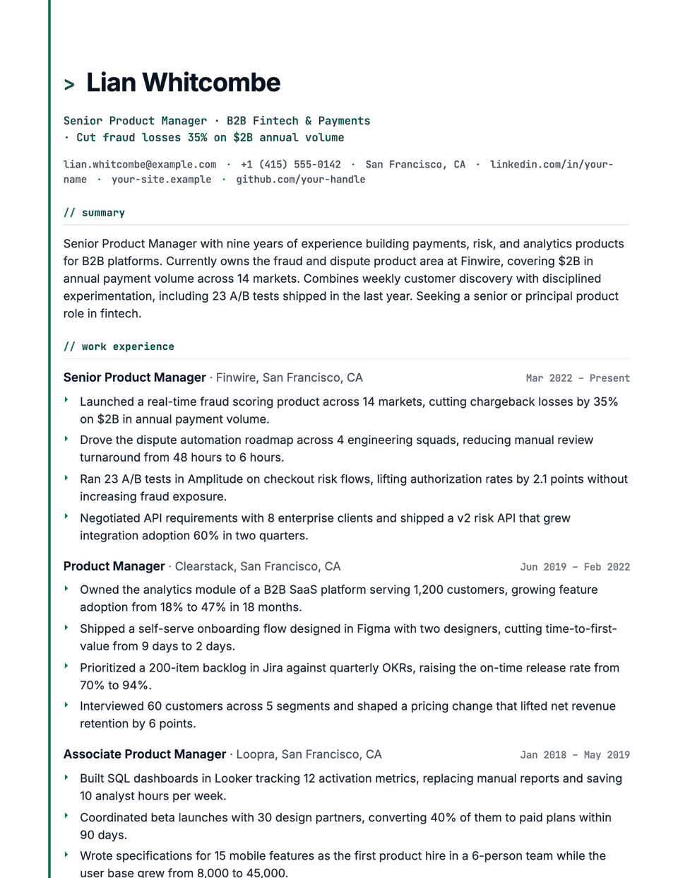 Matrix resume template, first page