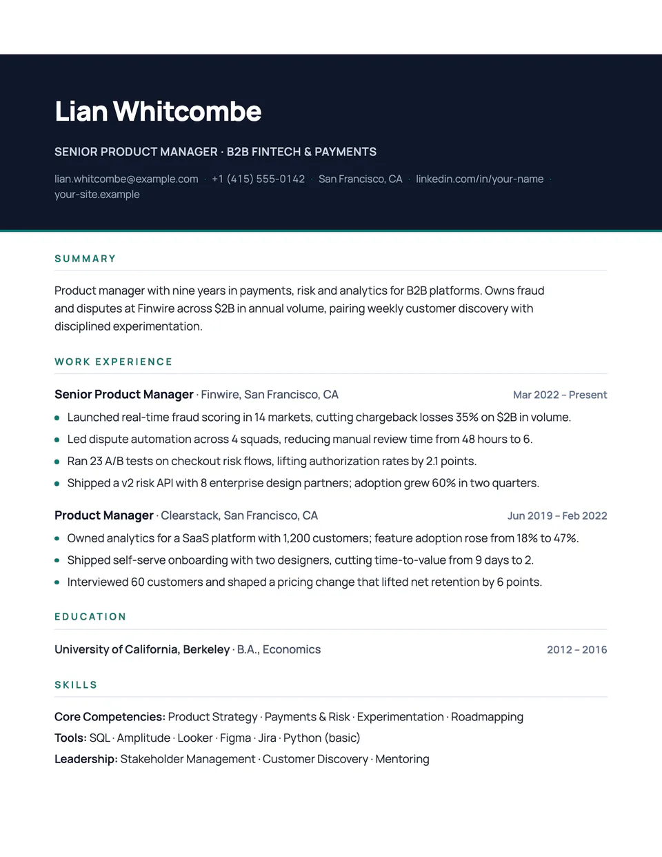 Meridian resume template, first page