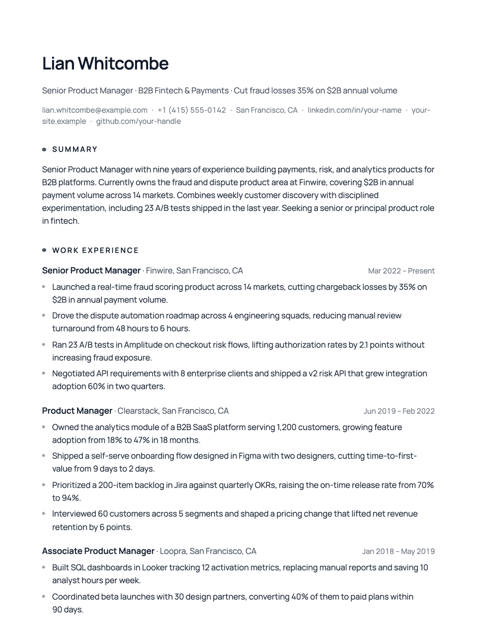 Minimal resume template, first page