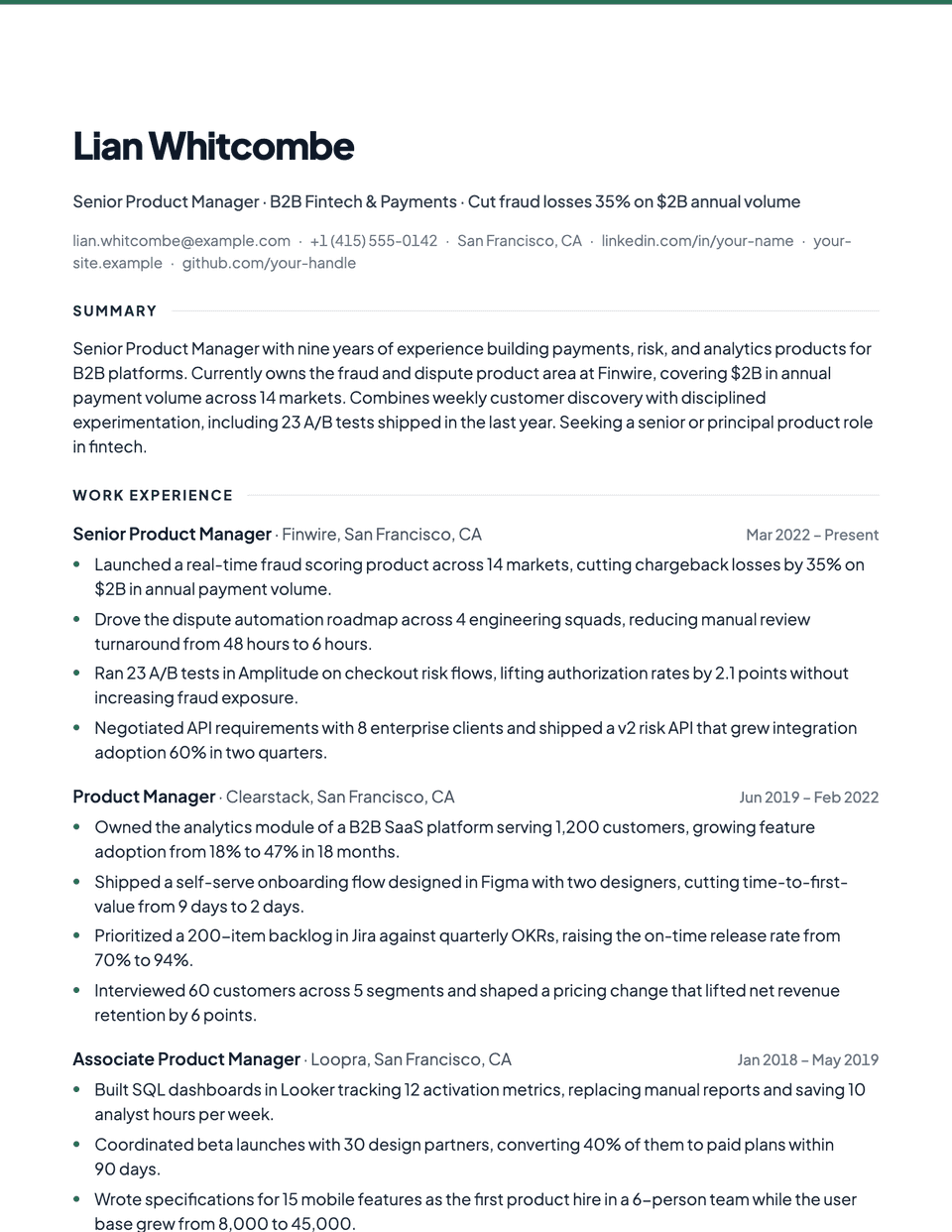 Contemporary resume template, first page