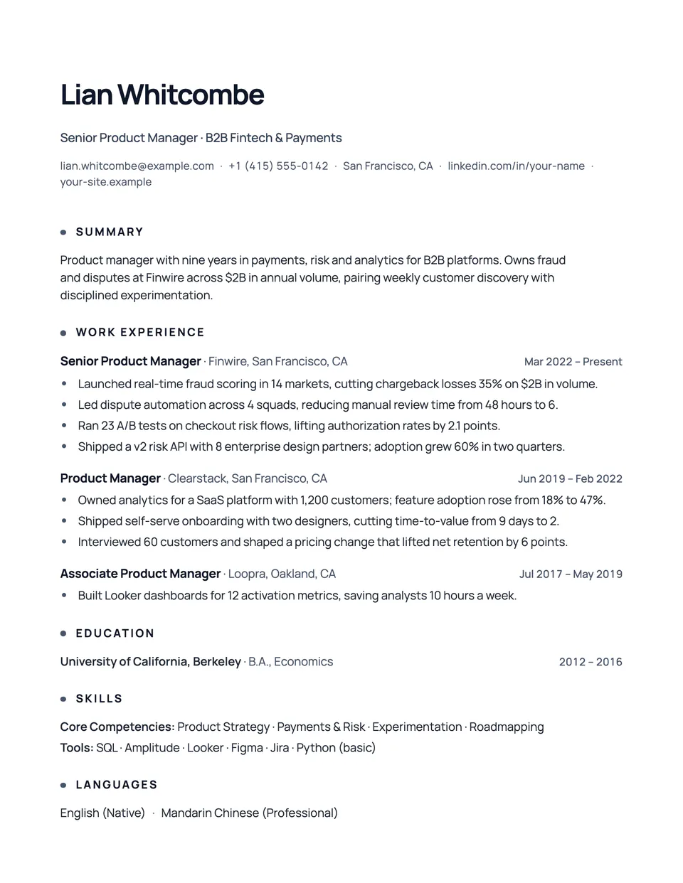 Nimbus resume template, first page