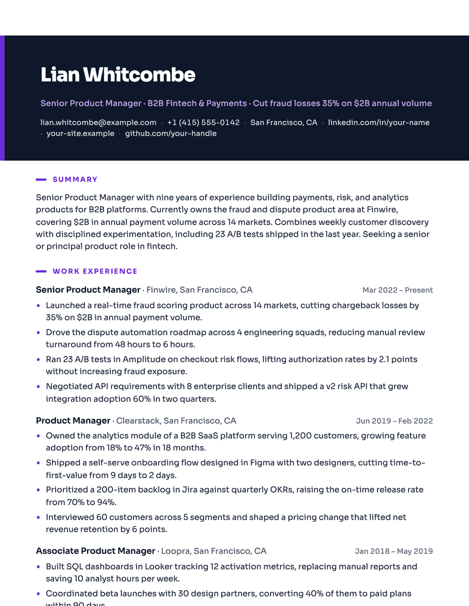 Prism resume template, first page