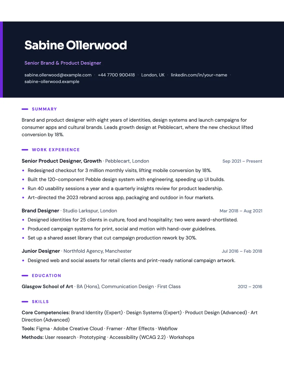 Prism resume template, first page