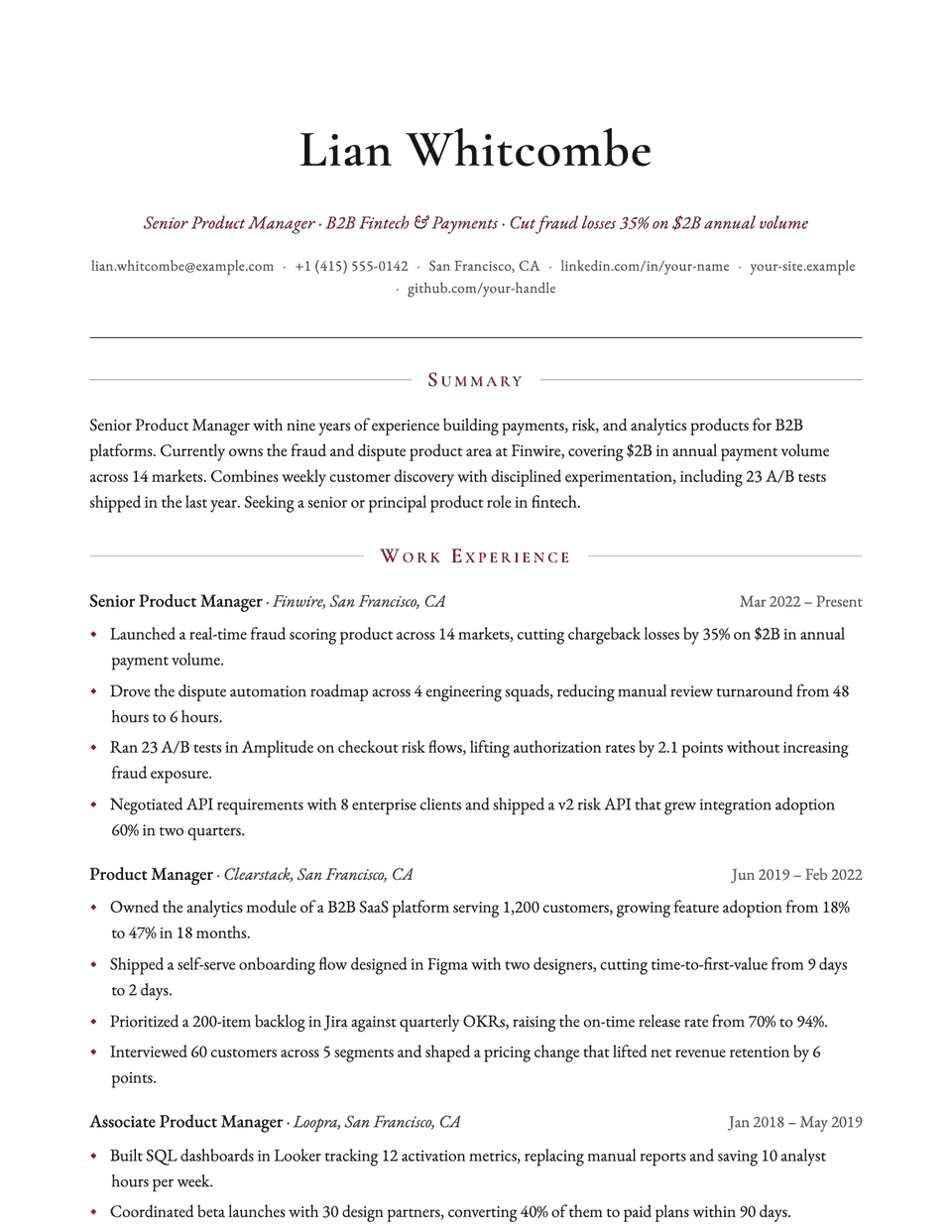 Regent resume template, first page