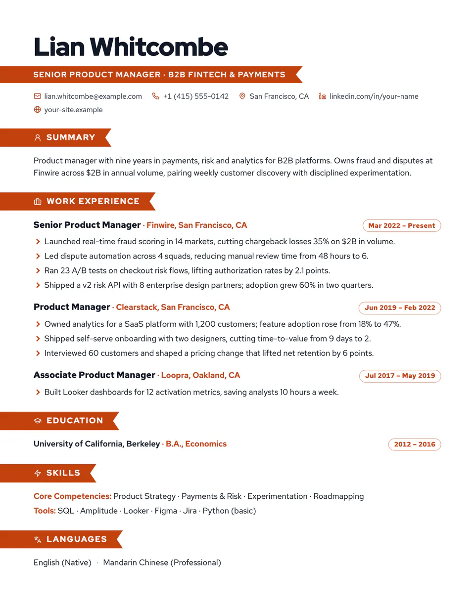 Ribbon resume template, first page