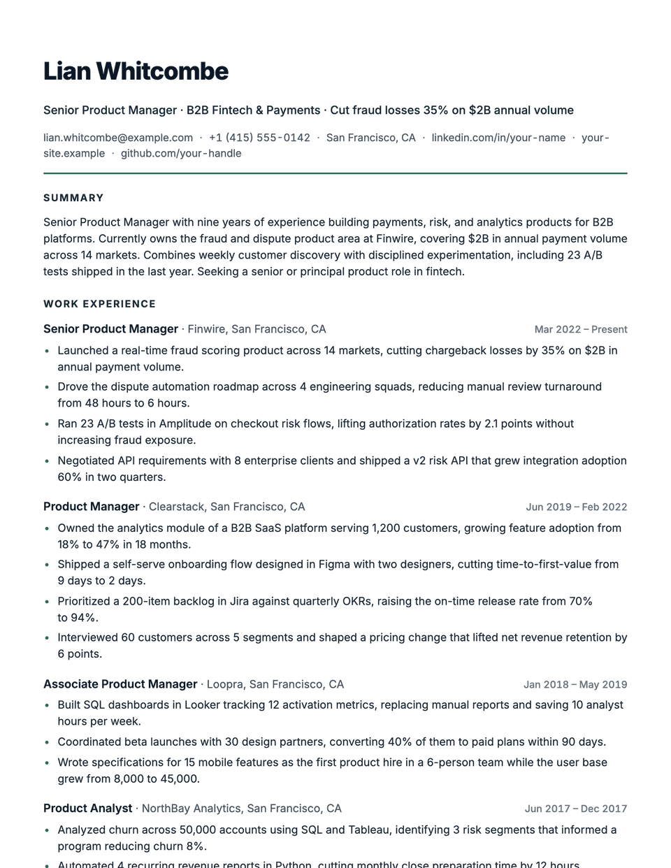 Sidebar resume template, first page
