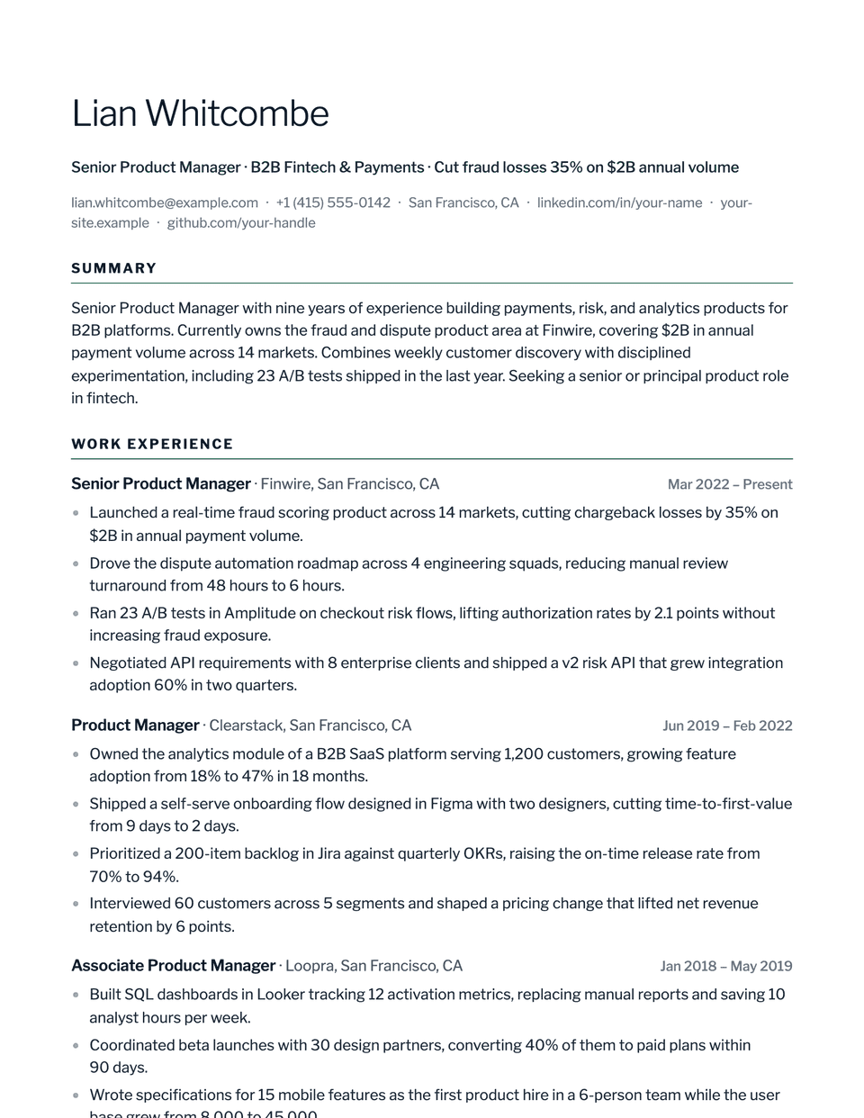 Sleek resume template, first page