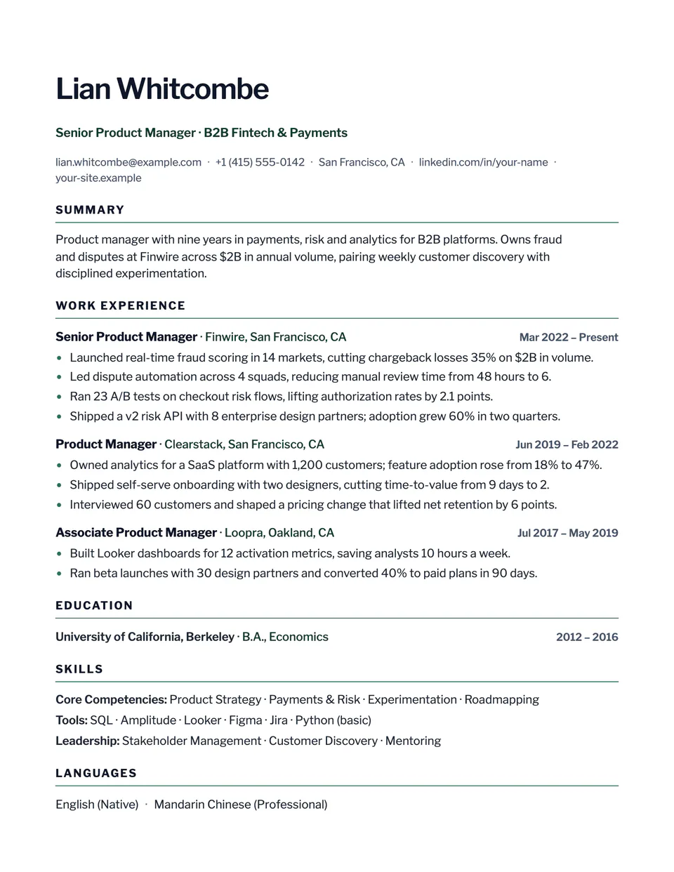 Sleek resume template, first page