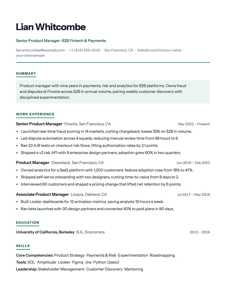 Startup resume template, first page