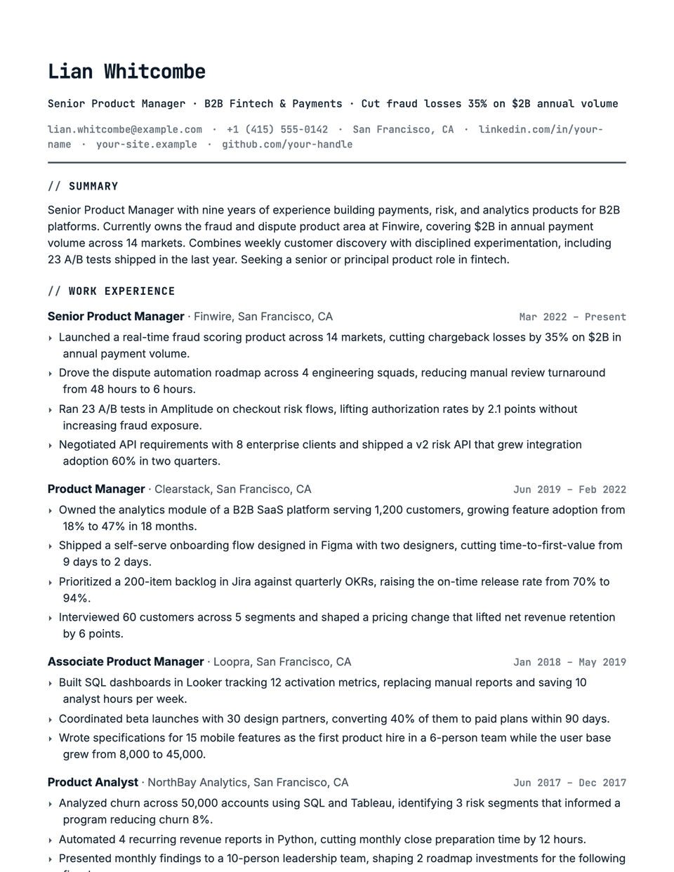 Technical resume template, first page