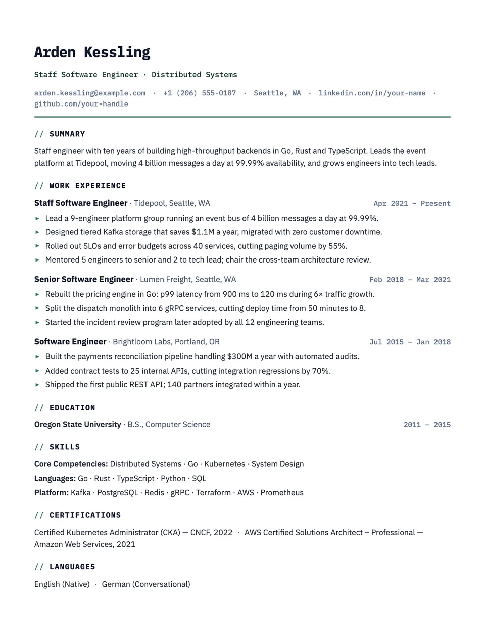 Technical resume template, first page