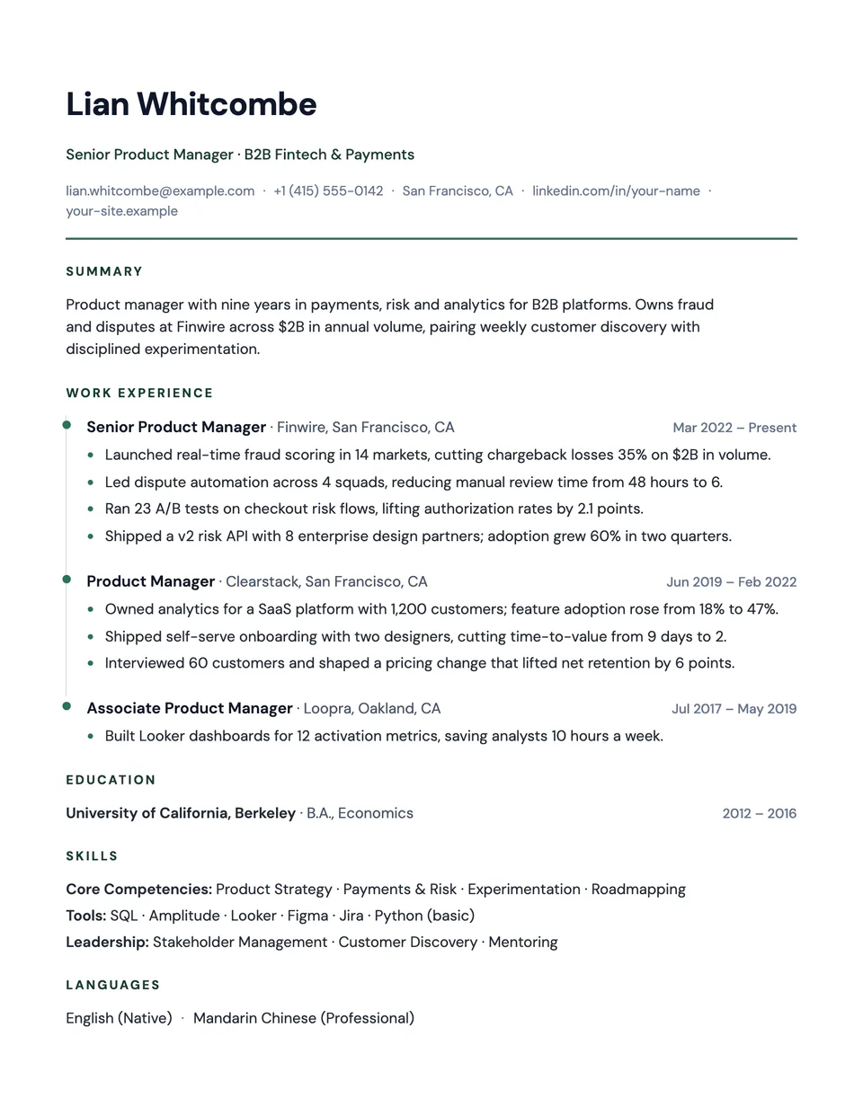 Timeline resume template, first page