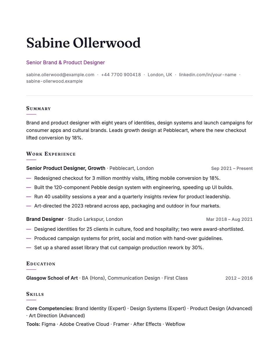 Vellum resume template, first page