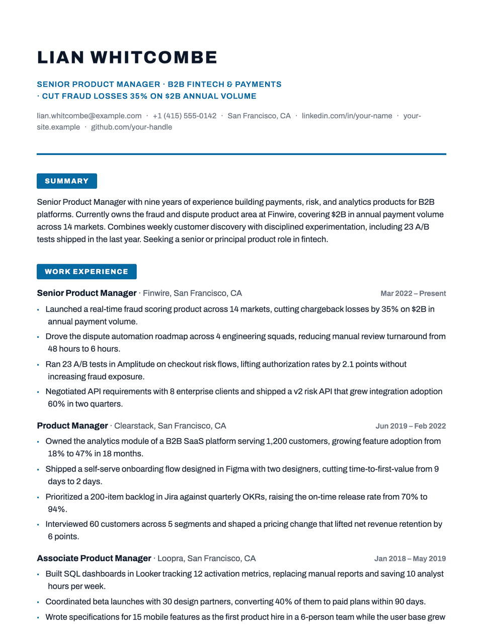 Vertex resume template, first page